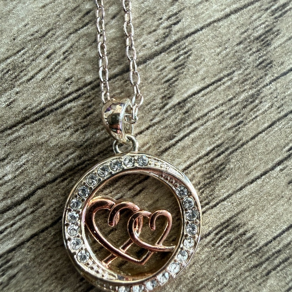 Two-Tone "Always Sisters Forever Friends" Crystal Double Heart Necklace NWOT